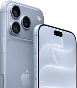 iPhone 18 Pro, ledovcově modrý, pohled zepředu i zezadu na Ceramic Shield a trojitou fotosoustavu