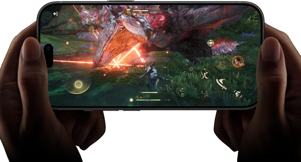 iPhone 18 Pro zepředu, na displeji je scéna ze hry Monster Hunter Outlanders jako ukázka výkonu čipu A20 Pro