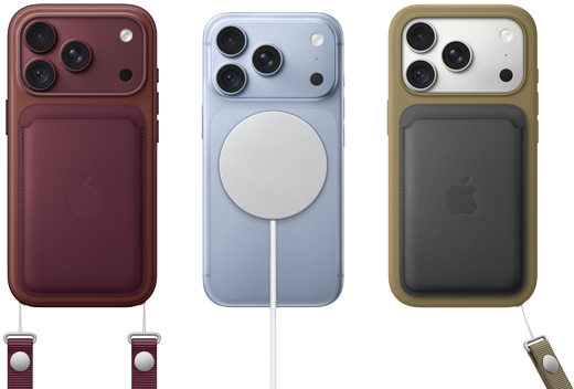 iPhone 18 Pro, pohled zezadu, burgundsky červený, burgundsky červená peněženka z tkaniny FineWoven s MagSafe; iPhone 18 Pro, pohled zezadu, ledovcově modrý, připnutá MagSafe baterie; iPhone 18 Pro, pohled zezadu, stříbrný, v zeleném silikonovém krytu s připnutou MagSafe nabíječkou
