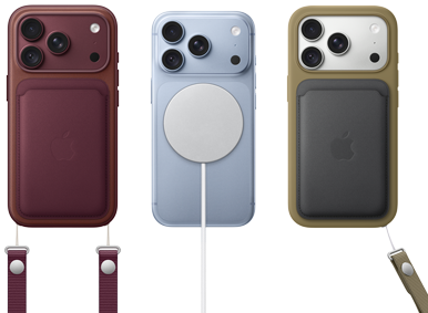 iPhone 18 Pro, pohled zezadu, burgundsky červený, burgundsky červená peněženka z tkaniny FineWoven s MagSafe; iPhone 18 Pro, pohled zezadu, ledovcově modrý, připnutá MagSafe baterie; iPhone 18 Pro, pohled zezadu, stříbrný, v zeleném silikonovém krytu s připnutou MagSafe nabíječkou