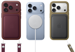 iPhone 18 Pro, pohled zezadu, burgundsky červený, burgundsky červená peněženka z tkaniny FineWoven s MagSafe; iPhone 18 Pro, pohled zezadu, ledovcově modrý, připnutá MagSafe baterie; iPhone 18 Pro, pohled zezadu, stříbrný, v zeleném silikonovém krytu s připnutou MagSafe nabíječkou