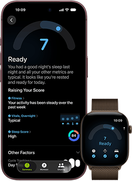 iPhone 18 Pro, černá barva, pohled zepředu, zobrazené skóre připravenosti (hodnota 7), spárovaný s Apple Watch, pohled zepředu, hnědá barva, zobrazené stejné skóre připravenosti (7)