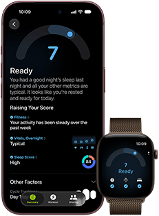 iPhone 18 Pro, černá barva, pohled zepředu, zobrazené skóre připravenosti (hodnota 7), spárovaný s Apple Watch, pohled zepředu, hnědá barva, zobrazené stejné skóre připravenosti (7)
