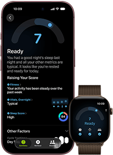 iPhone 18 Pro, černá barva, pohled zepředu, zobrazené skóre připravenosti (hodnota 7), spárovaný s Apple Watch, pohled zepředu, hnědá barva, zobrazené stejné skóre připravenosti (7)