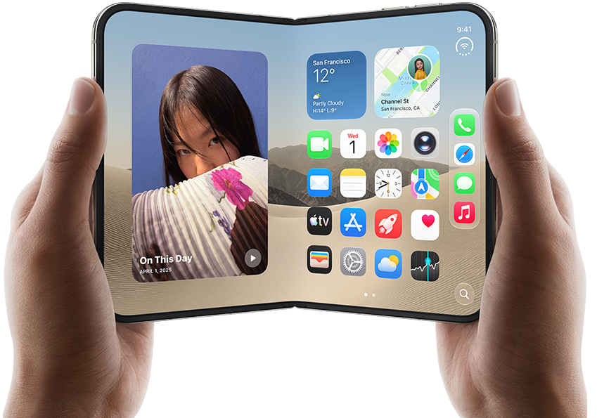 Rozevřený iPhone [V68] v barvě [L8], dvě ruce ho drží na šířku, na vnitřním displeji je vlevo widget fotek a vpravo aplikace
