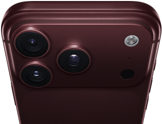iPhone 18 Pro Max, burgundsky červená barva (tmavě červená), pohled zezadu, nahoře profesionální Fusion fotosoustava, tři objektivy, částečně zavřené lamely variabilní clony, blesk, mikrofon a LiDAR skener, pohled shora, anténa mobilní sítě, rovné hrany, zaoblené rohy