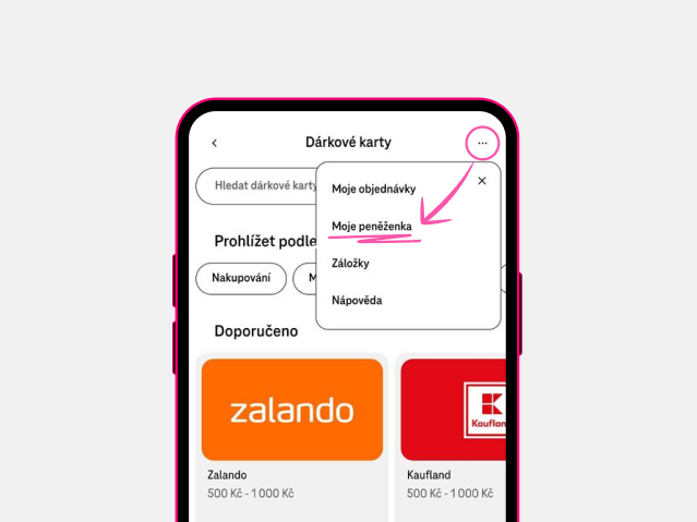 Menu dárkových karet v aplikaci Můj T-Mobile s označenou položkou Moje peněženka