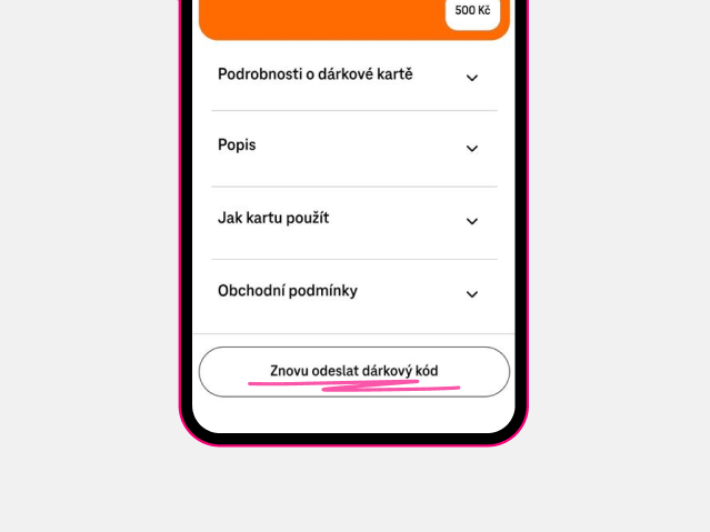Detail dárkové karty v aplikaci s tlačítkem Znovu odeslat dárkový kód
