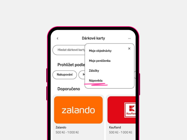Menu dárkových karet v aplikaci Můj T-Mobile s označenou položkou Nápověda