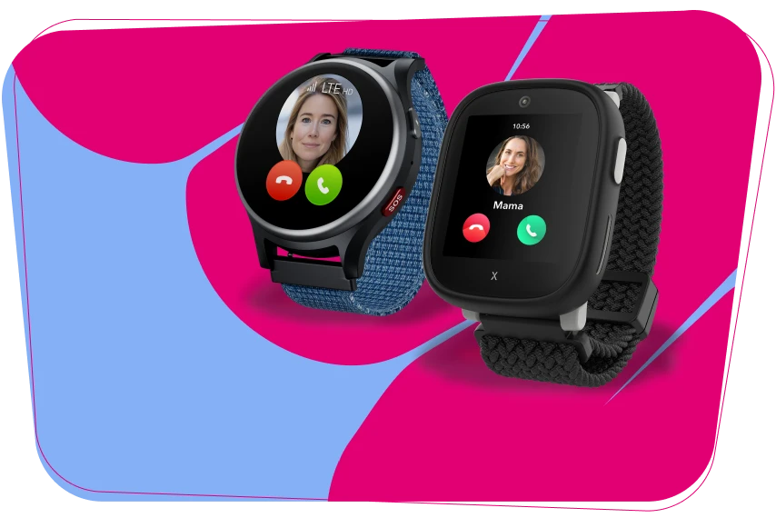 Zwei verschiedene Smartwatches zeigen ihren Anruf-Bildschirm mit Bild der anrufenden Person (Mama) und Knöpfen zum Ablehnen oder Annehmen des Anrufs.