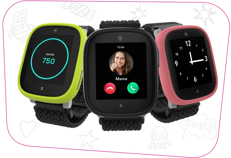 Abbildung der Kids Watch XPLORA X6 Play eSIM (2025) in den Farben Lime, Schwarz und Dunkelpink