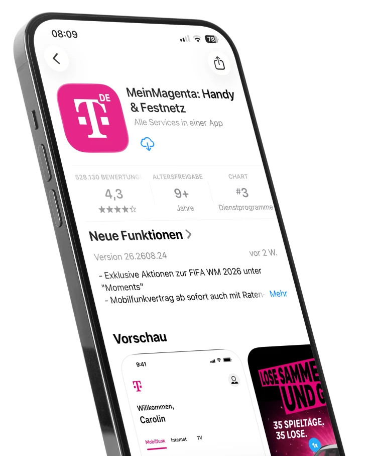 Ein Smartphone zeigt die MeinMagenta App im App Store zum Herunterladen.