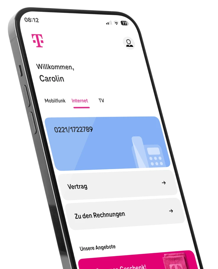Ein Smartphone zeigt die Vertrags��bersicht mit dem Zugang zu den Rechnungen in der MeinMagenta App.