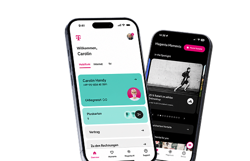 Zwei Smartphones mit der MeinMagenta App: Startseite mit Mobilfunk-Vertrag und Magenta Moments