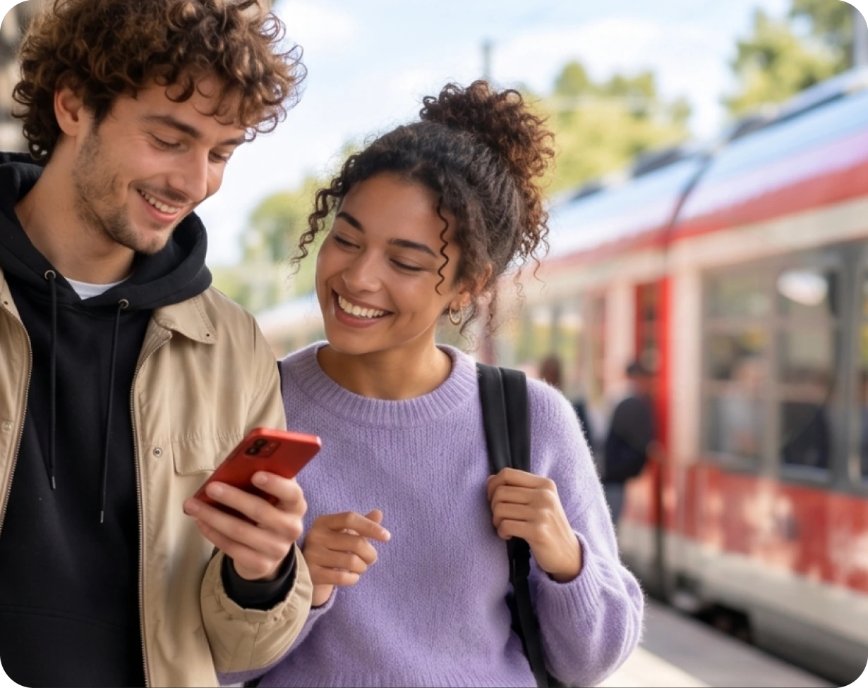Junger Mann und junge Frau schauen lachend auf ein Smartphone am Bahnsteig