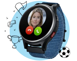 Kinderuhr mit GPS Anio 6 in silber mit blauem Armband. Auf dem Display die Anzeige eines eingehenden Anrufs von 'Mama'.