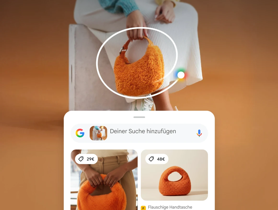 Man sieht eine umkreiste Tasche, unten ist eine Option diese Tasche deiner Suche hinzuzufügen und es werden Preise für ähnliche Taschen angezeigt
