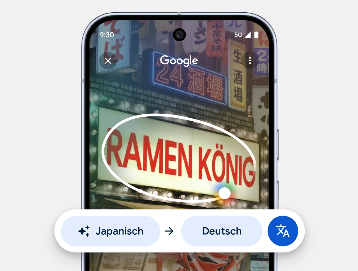 In einer asiatischen Straße ist ein Restauranttitel umkreist und dieser wird als RAMEN KÖNIG angezeigt. Darunter sieht man die Option Japanisch nach Deutsch zu übersetzen