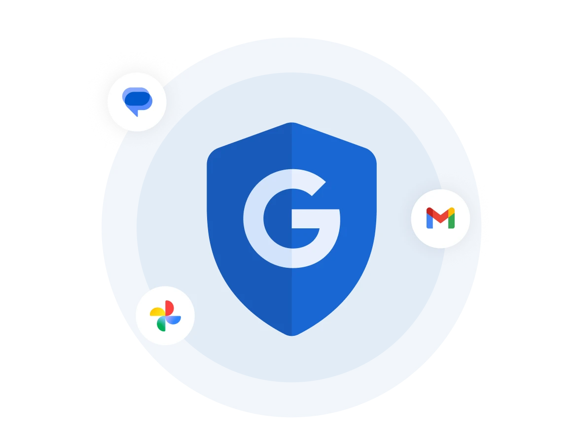Das Google-Logo mit einem Schutzschild darunter, drumherum sind Icons von verschiedenen Apps