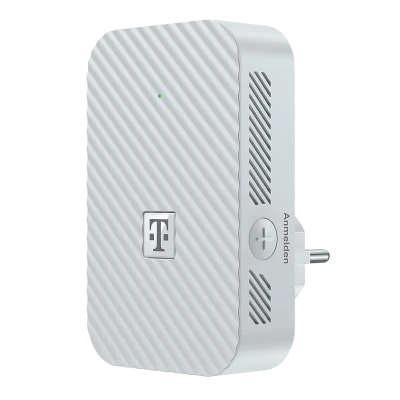 Weißer, rechteckiger Telekom Speedport 7 WLAN-Verstärker mit 'Anmelden' Button und Telekom Logo