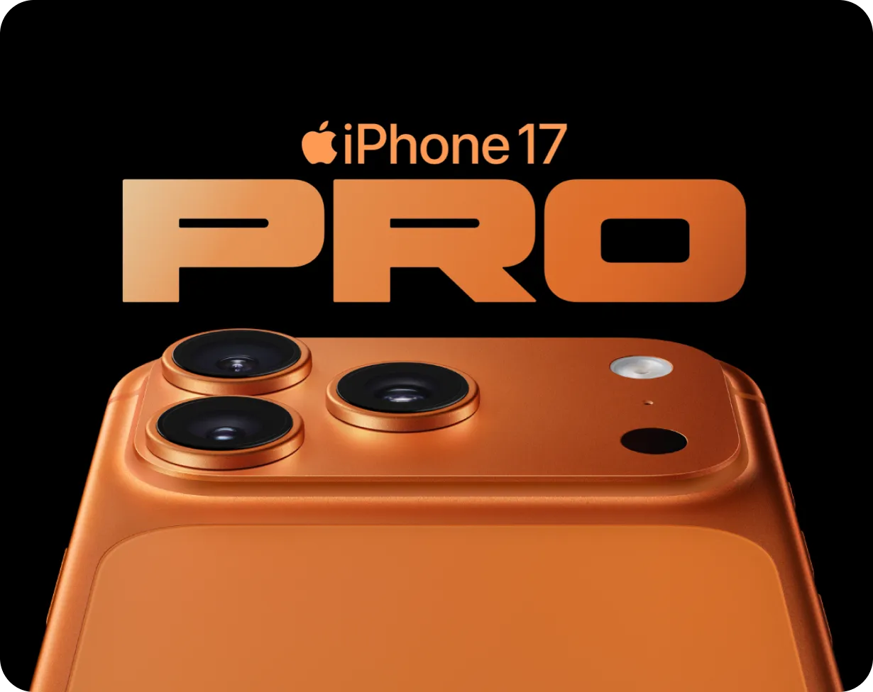 Rückansicht eines iPhone 17 Pro in Cosmic Orange unter dem Schriftzug „iPhone 17 Pro“ auf schwarzem Hintergrund
