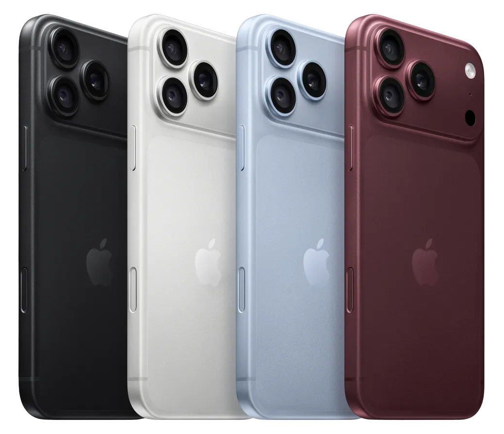 iPhone 18 Pro in Schwarz, Weiß, Hellblau und Bordeaux, Rückseiten mit Dreifach-Kamera