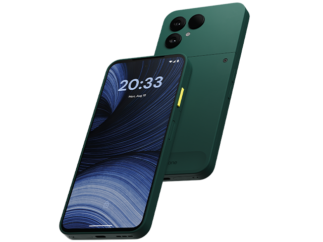 Fairphone (Gen 6+) Grün Schräg Seitlich vorne und Schräg seitlich hinten
