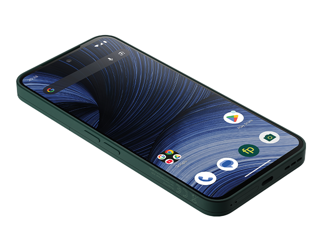 Fairphone (Gen 6+) Grün Schräg liegend vorne mit Apps auf Bildschirm