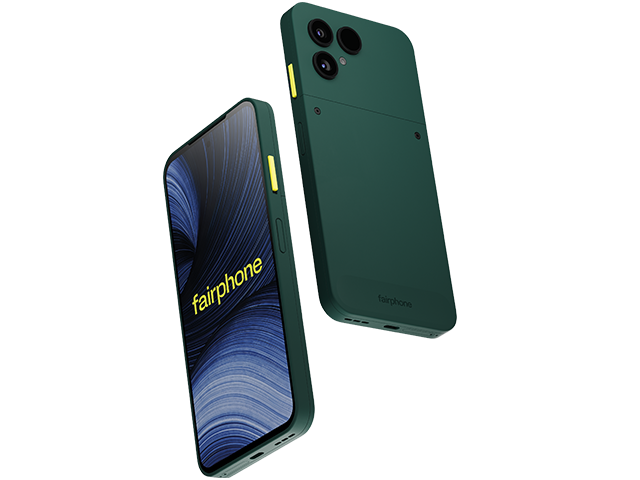 Fairphone (Gen 6+) Grün Schräg Seitlich vorne und Schräg seitlich hinten