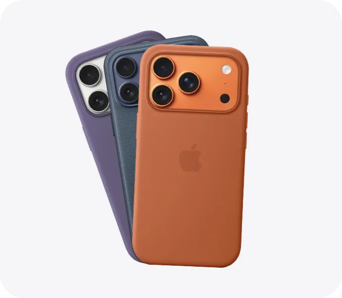 Drei iPhone MagSafe Cases in Lila, Petrol und Orange aufgefächert