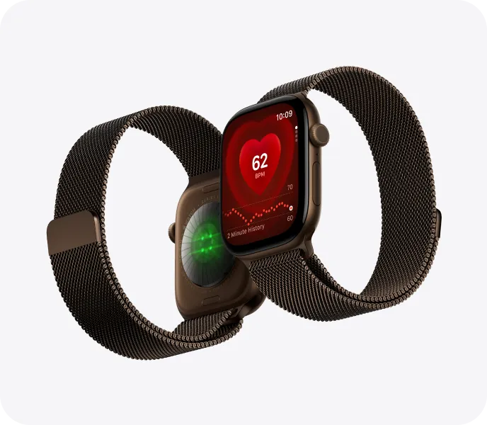 Zwei Apple Watch Series 12 mit Milanaise Armband, eine von vorne mit Herzfrequenzmessung auf dem Display, eine von hinten mit den Sensoren