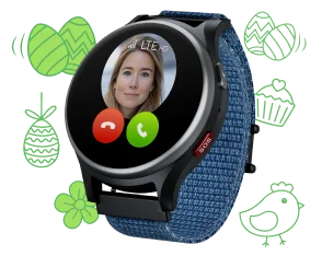 Kinderuhr mit GPS Anio 6 in silber mit blauem Armband. Auf dem Display die Anzeige eines eingehenden Anrufs von 'Mama'.