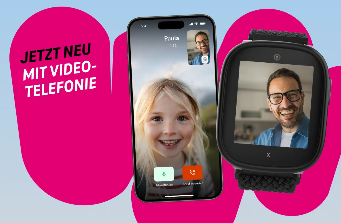 Xplora X6 Play eSIM Kids Watch im Videoanruf mit einem Smartphone, Schriftzug: Jetzt neu mit Videotelefonie