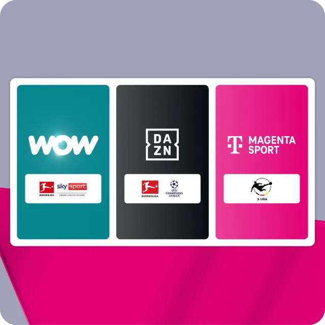 Die drei Sportwelten der MegaSport Option: WOW mit Bundesliga und Sky Sport, DAZN mit Bundesliga und Champions League sowie MagentaSport mit 3. Liga