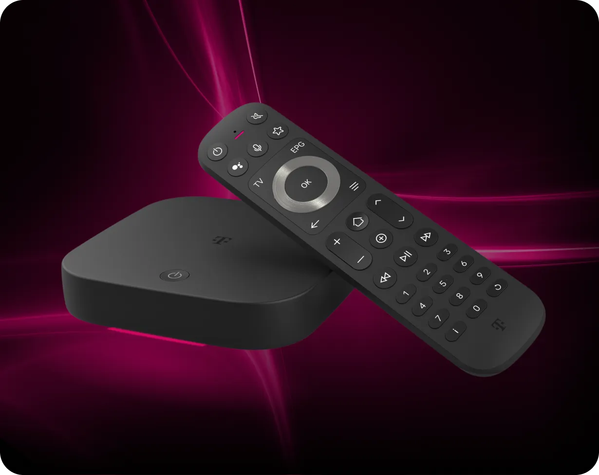 Gerätebild MagentaTV One mit Fernbedienung.