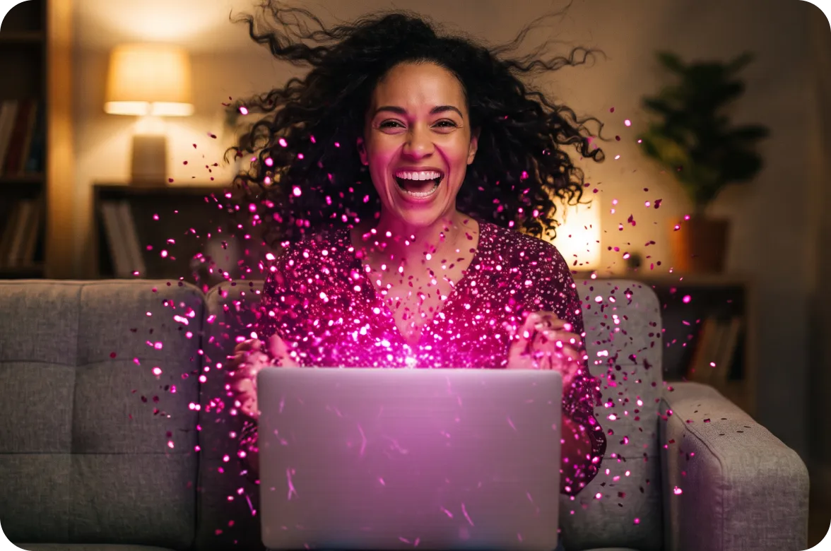 Lachende Frau auf dem Sofa vor einem Laptop, umgeben von magentafarbenen Glitzerpartikeln