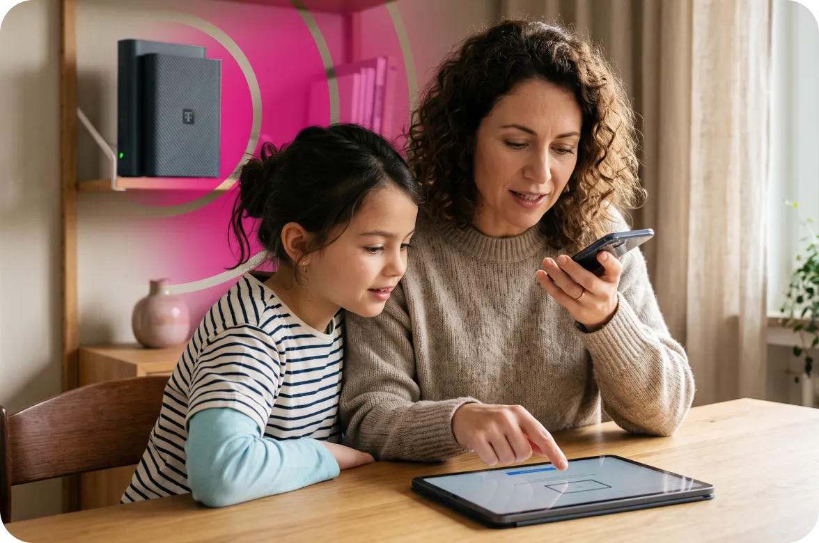 Mädchen und Mutter am Tisch mit Tablet und Smartphone, im Regal dahinter ein Router