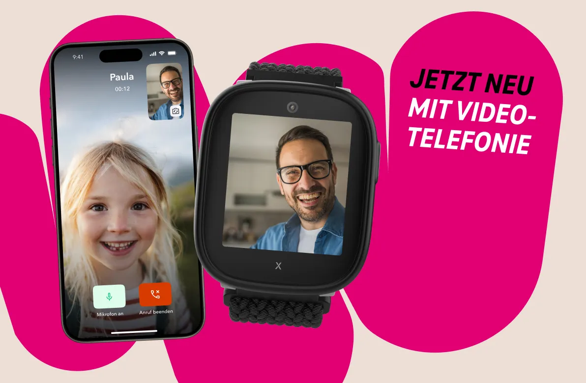 XPLORA X6 Play eSIM Kids Watch im Videoanruf mit einem Smartphone, Schriftzug: Jetzt neu mit Videotelefonie