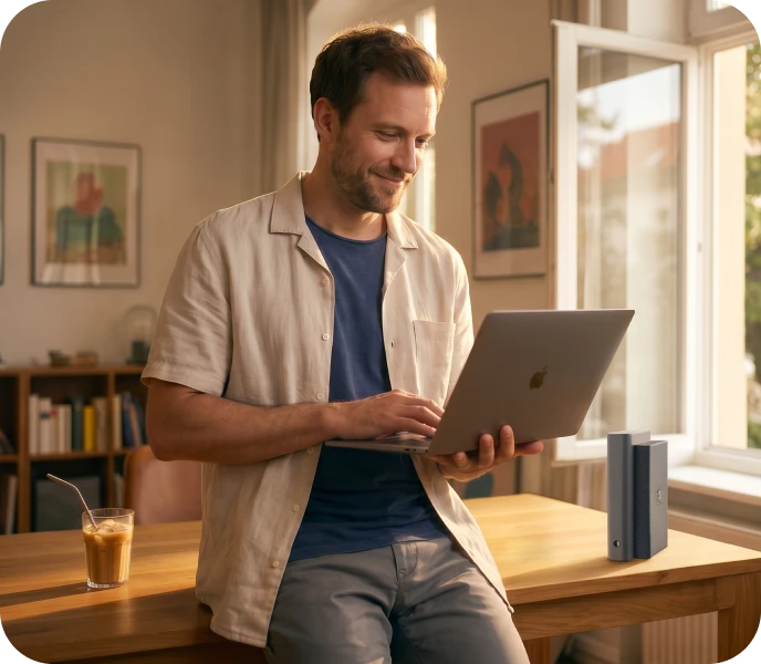 Ein Mann lehnt sich lächelnd mit einem MacBook an einem Tisch mit einem Telekom Router und einem Eiskaffe.
