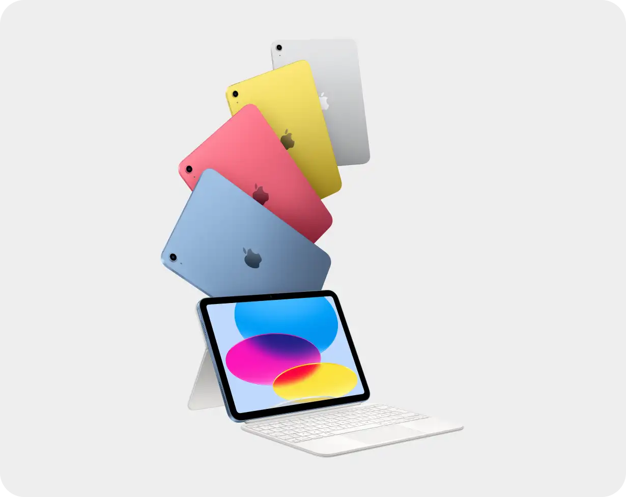 iPad (2025) A16 in Blau mit Apple Pencil vor hellem Hintergrund.