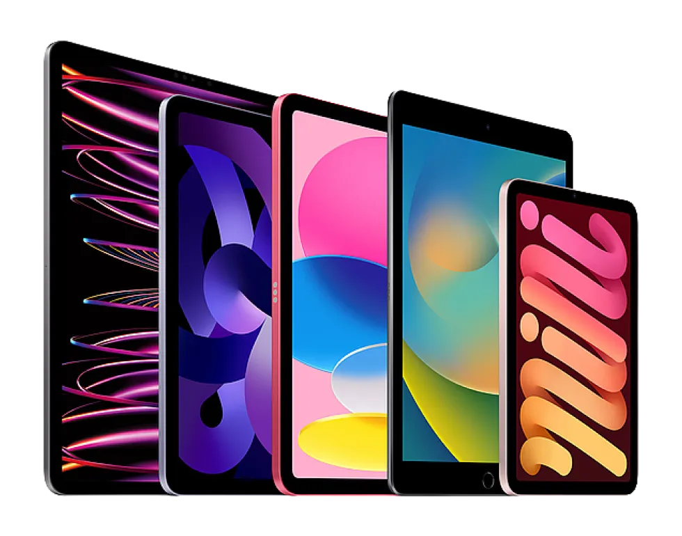 Seitliche Fächeransicht von fünf Apple iPad Modellen