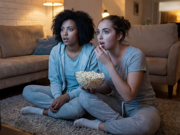 Zwei Frauen schauen gespannt einen Film und essen Popcorn