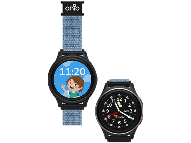 Anio 6 Kids Watch doppelte Ansicht mit Ziffernblatt und mit blauem Armband