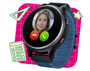 Kinderuhr mit GPS Anio 6 in silber mit blauem Armband. Auf dem Display die Anzeige eines eingehenden Anrufs von 'Mama'.