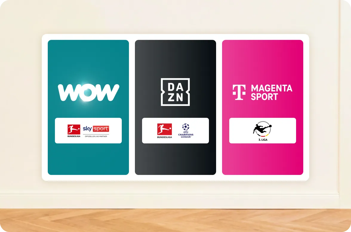 Die drei Sportwelten der MegaSport Option: WOW mit Bundesliga und Sky Sport, DAZN mit Bundesliga und Champions League sowie MagentaSport mit 3. Liga