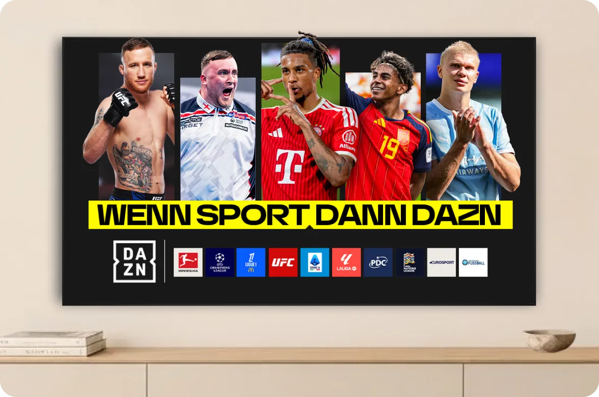 Fernseher mit Sportstars, dem Slogan „Wenn Sport dann DAZN“ und den Logos von Bundesliga, UEFA Champions League, LaLiga, UFC und weiteren Wettbewerben