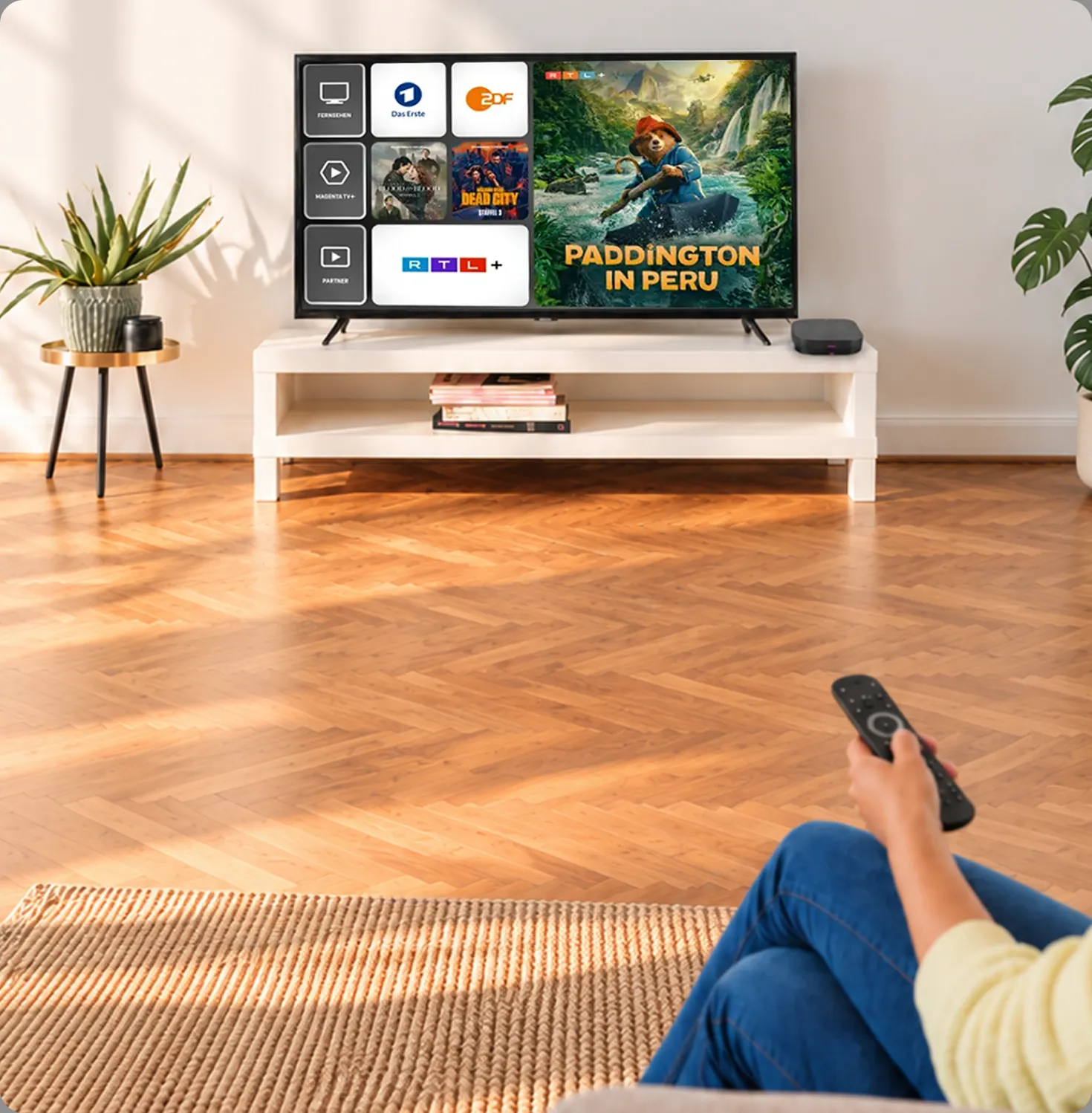 Eine Frau schaut sich das Programm von MagentaTV Smart an