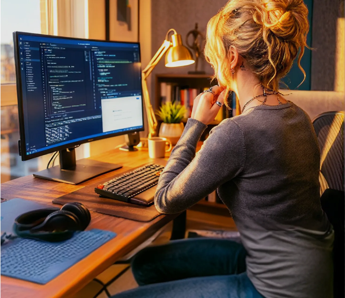 Eine Frau schaut sich Code auf einem Monitor an