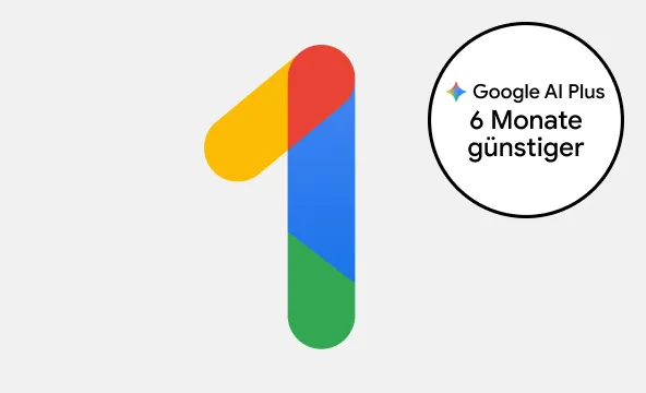 Große „1“ in Google-Farben mit Badge „Google AI Plus – 6 Monate günstiger“