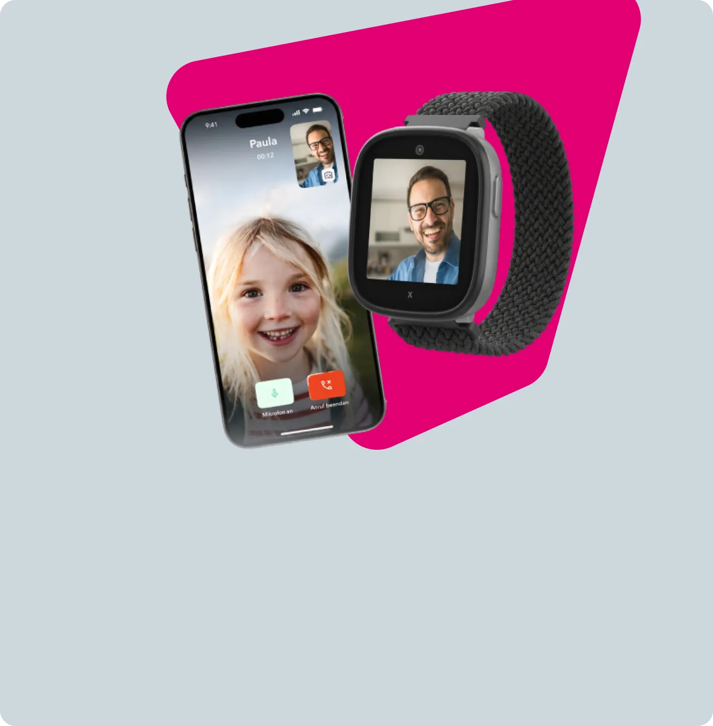 Man sieht eine SmartWatch und ein Smartphone mit einem Video-Call zwischen einem Vater und seiner Tochter